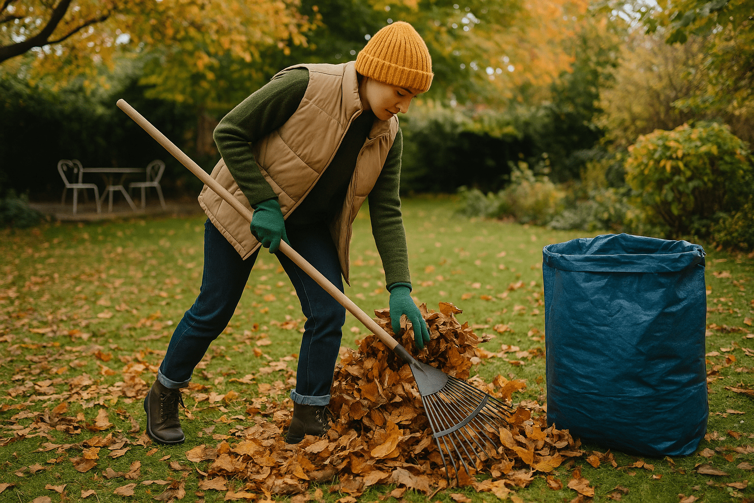 Personne en bonnet jaune et gants verts ratissant un tas de feuilles mortes avec un râteau, près d'un sac de jardin bleu, sur une pelouse automnale.