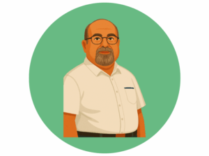 Homme chauve illustré avec barbe rousse et lunettes, portant une chemise claire, fixé sur le spectateur dans un cercle vert.