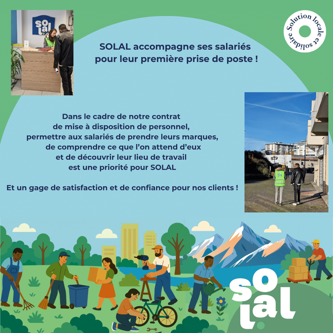 Un collage montre des personnes interagissant au bureau et exerçant divers métiers en extérieur stylisé, incluant un paysage urbain et naturel, le tout sous le logo d'une entreprise.