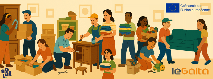 Groupe de personnes diverses organisant des meubles, cartons, vêtements et jouets dans une pièce, rappelant un déménagement solidaire.